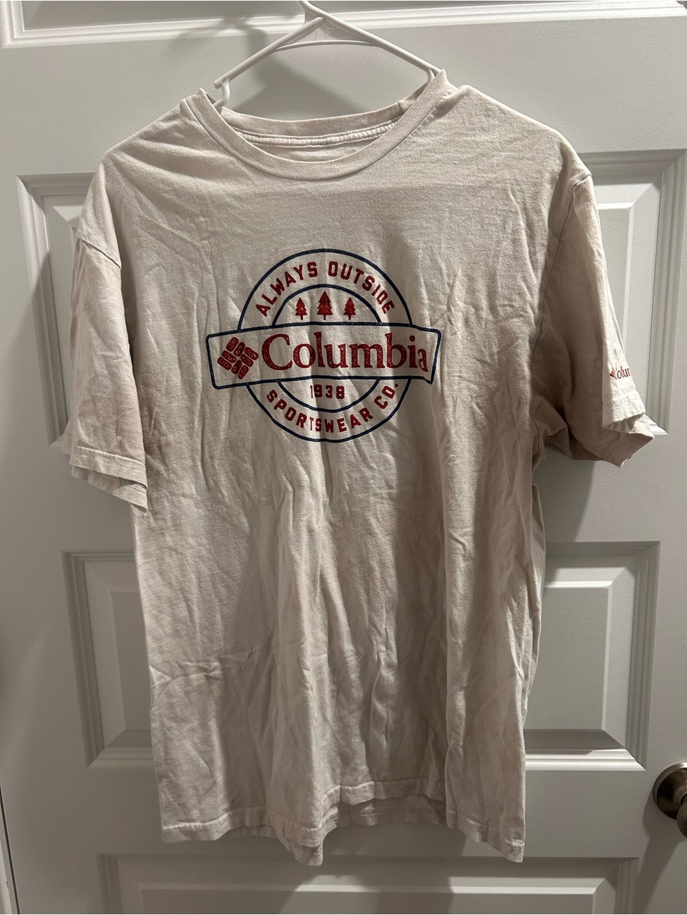 Columbia Men's Short Sleeve Tee - Beige with Red/Blue Graphic